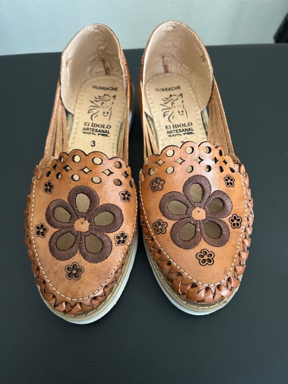 PIKOLINOS Tan Leather Floral Cutout Loafers